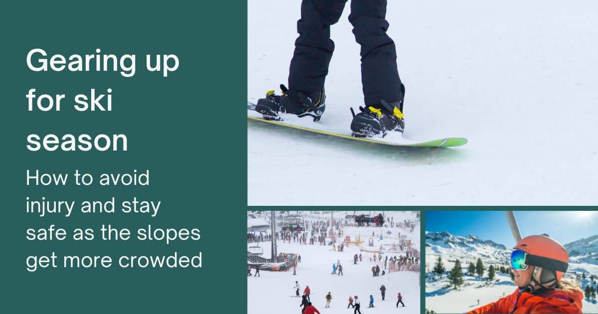 Gearing up for ski season. How to avoid injury and stay safe as the slopes get more crowded. Photos of a snow boarder, ski resort and person wearing a helmet on a chairlift.
